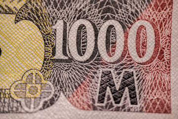 A macro shot of a Nepalese rupees 1000 banknote featuring intricate details, including an elephant, security emblem, and traditional design elements. The note's texture and fine print are highlighted.