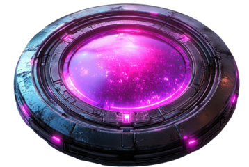 Cyberpunk Glowing Sci-Fi Button with Purple Cosmic Energy – Futuristic Neon Tech Interface, Alien Portal, Fantasy Power Core, 3D Rendered Cyber UI Element for Gaming, button ,png, High-Tech Design
