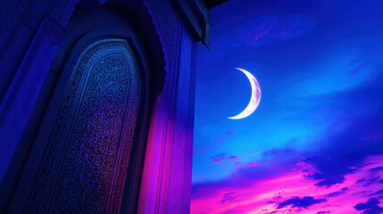 Enchanting crescent moon in twilight sky, framed by ornate architecture