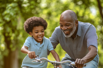Happy black grandfather teaching his little grandson to ride a bicycle in spring park