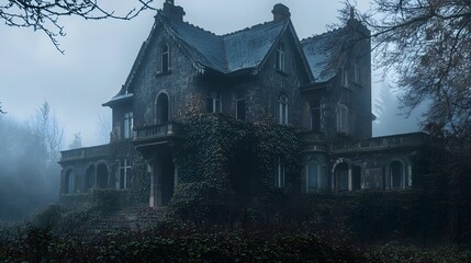 Mysterious Abandoned Mansion in Foggy Landscape