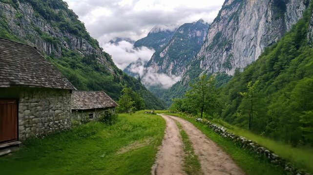 Idyllic alpine valley with stone houses and a winding dirt road through lush green meadows in slovenia