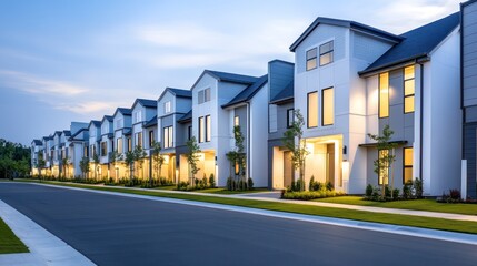 A sleek row of townhouses with white and gray facades, lit with subtle accent lighting that emphasizes their modern architectural design