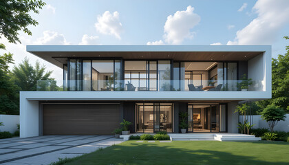 A modern One house built (detached house) enhanced by AI to showcase futuristic architectural design and smart home technology for sustainable living.
