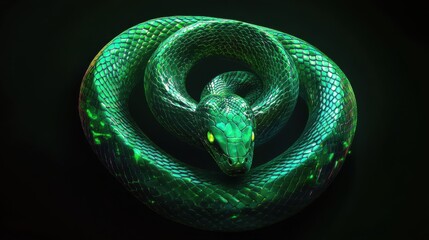A modern and sleek digital illustration of a snake coiled in a circle symbolizing renewal and continuous growth with a gradient of green shades and metallic accents