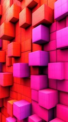 Fototapeta premium Dynamic Cubic Wall Design: Vibrant Geometric Blocks in Red and Purple