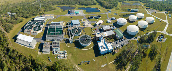 Aerial view of water treatment factory at city wastewater cleaning facility. Purification process...