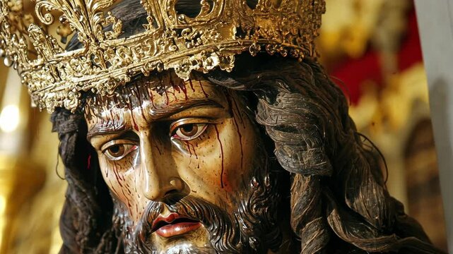 Crowned figure with intricate details showcasing religious craftsmanship during a solemn observation