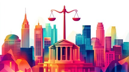 Obraz premium A vibrant illustration depicting a city skyline with a courthouse and scales of justice, symbolizing law, order, and civic engagement.