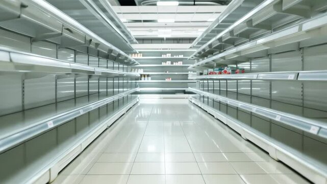 Empty shelves in grocery store. Supermarket with empty shelves after panic shopping during crisis, pandemic, war, nature cataclysm. Bankruptcy, store closure, supply disruption, bad weather conditions