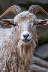 Obraz premium Portrait of a Fluffy White Goat with Curled Horns