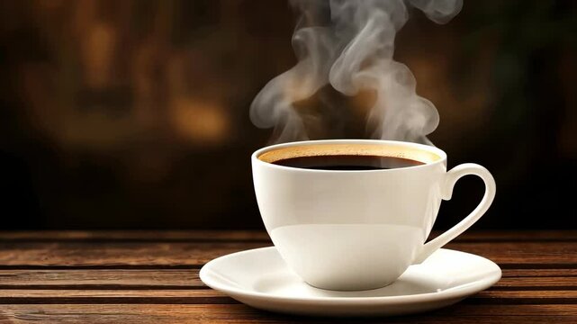 Warm cup of coffee resting on wooden table exuding steam in a cozy atmosphere