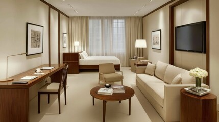 Fototapeta premium Luxurious hotel suite with a bed, sofa, desk, and TV.