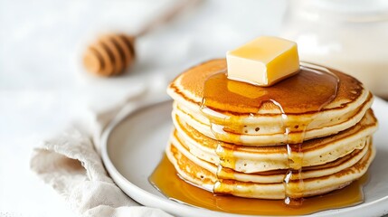 Delicious Stack of Pancakes with Butter and Honey isolated on white background