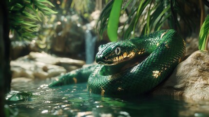 Green snake with gold accents in natural habitat