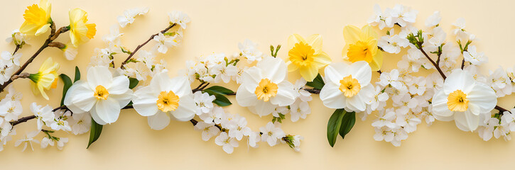 Fototapeta premium Festive banner with spring flowers, white daffodils and flowering cherry branches on a light yellow pastel background