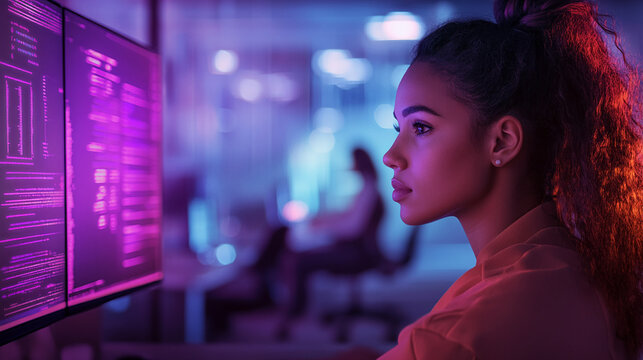 Young woman, profile view, focused on computer screen displaying code, illuminated by purple and red light, showcasing concentration and technological expertise