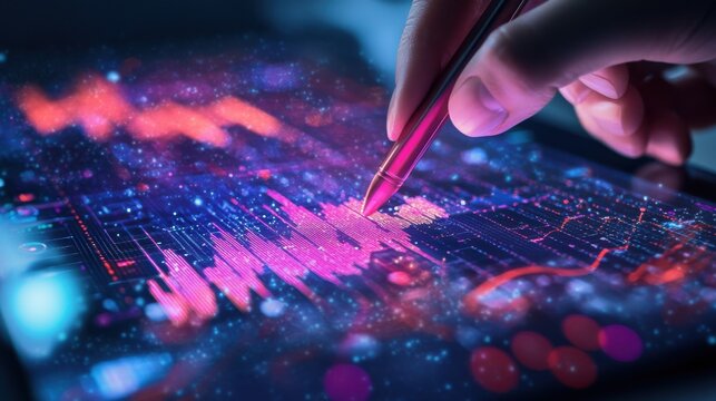 business metrics on a glowing touchscreen, using a stylus