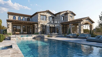 Luxurious stone estate home with pool and patio