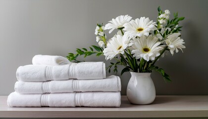 white flowers in a vase and towel on table