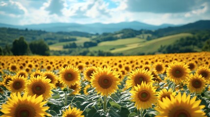 Obraz premium a stunning field of sunflowers basks in the sun with rolling hills in the distance, creating a vibrant, picturesque scene
