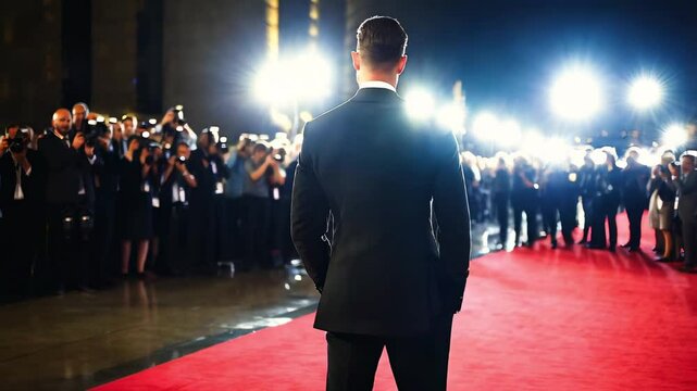  Man in Suit On Red Carpet in Front of Camera Flashes of Photographers Photographing Him, Celebrity  Event  Festival Concept