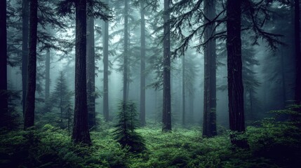 Fototapeta premium Misty forest scene, tall trees, tranquil