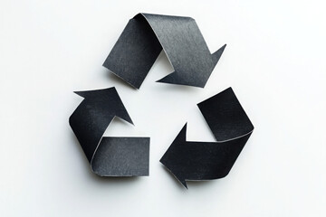 Black paper arrows form a recycling symbol on a white background, representing sustainability and environmental awareness through recycling and reuse.