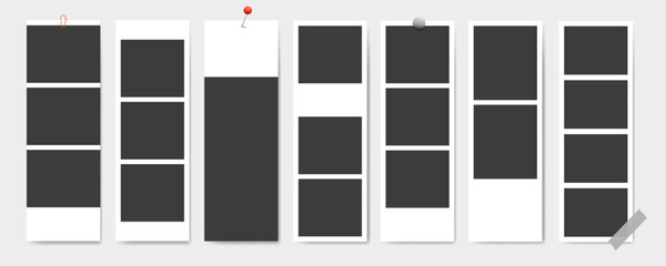 Photo booth strip, blank frames, instant snapshots pinned thumbtacks on gray wall