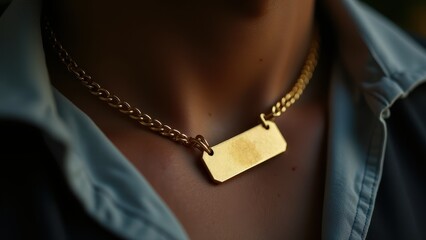Close-up of stylish gold necklaces on a person wearing a jacket.