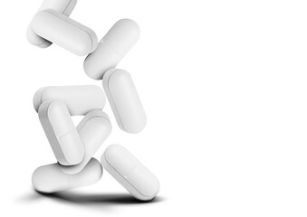 Many medical pills falling on white background