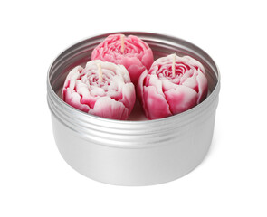 Beautiful flower-shaped candles in jar isolated on white