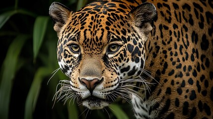 Obraz premium Close up of prowling jaguar with deep golden eyes rosette patterned fur and sharp whiskers A shadowy rainforest background adds depth and mystery