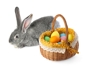 Cute fluffy rabbit and colorful Easter eggs isolated on white