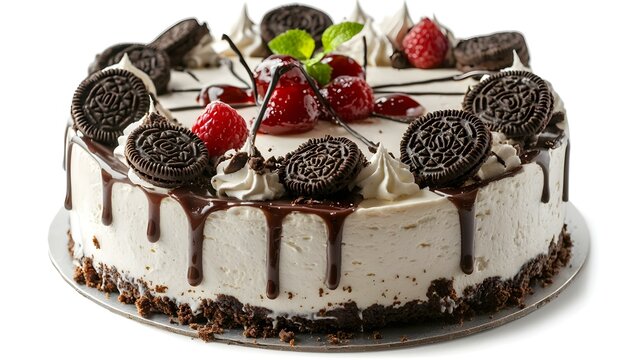 Kue cheesecake oreo lezat dengan hiasan buah terisolasi dengan latar belakang putih