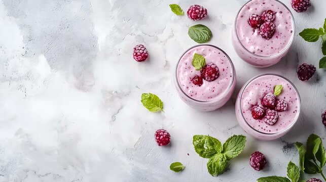 Minuman Smoothie Raspberry Segar dengan Buah Beri dan Daun Mint di Meja Marmer