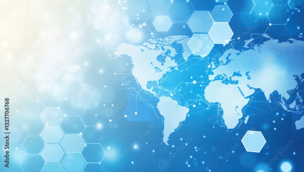 Wall mural abstract digital world map on a blue background with hexagons and a circuit board pattern, a global 