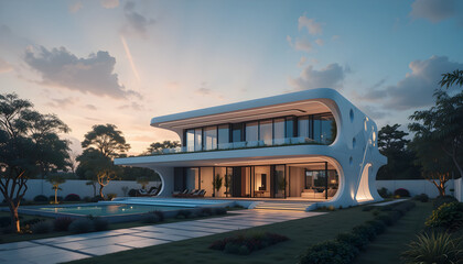 A futuristic One house built  (detached house) powered by AI to represent the integration of smart technology and eco-friendly design in modern homes.
