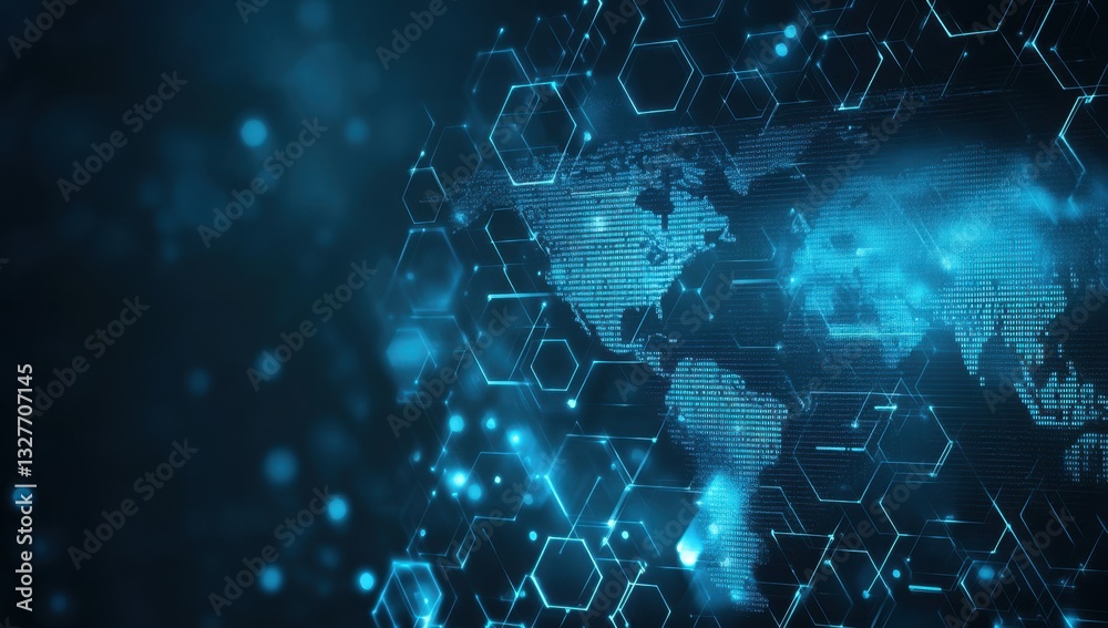 Wall mural digital technology background with a blue digital world map and hexagon pattern for global business,