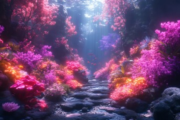 Obraz premium an enchanting underwater scenery, vibrant corals bloom in a spectrum of colors, and a stone pathway leading to the sunlight above