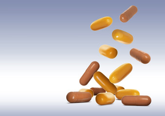 Many pills falling on pale greyish blue gradient background, space for text