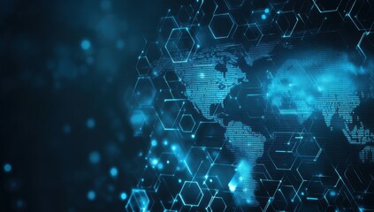 Obraz premium Digital technology background with a blue digital world map and hexagon pattern for global business, cyber security, or internet concept Generative AI