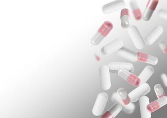 Many different pills flying on light grey gradient background, space for text