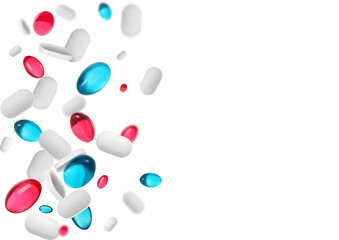 Many different pills flying on white background