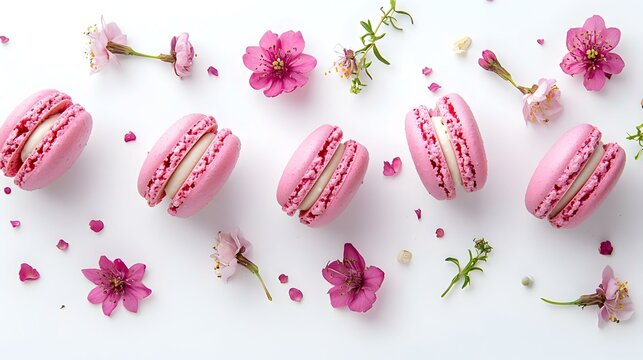 Makaron Pink Manis dengan Bunga Musim Semi Terisolasi pada Latar Belakang Putih