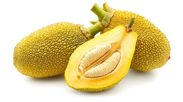 Buah Nangka Segar Utuh dan Terpotong Terisolasi dengan Latar Belakang Putih