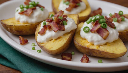 loaded potato wedges with cheese, bacon, green onion, and sour cream