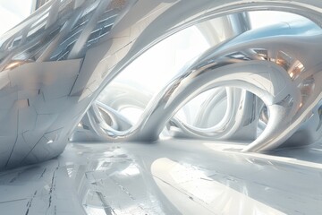 Fototapeta premium A futuristic cityscape with towering metallic structures, A futuristic sci-fi scene with metallic structures gleaming against a stark white background