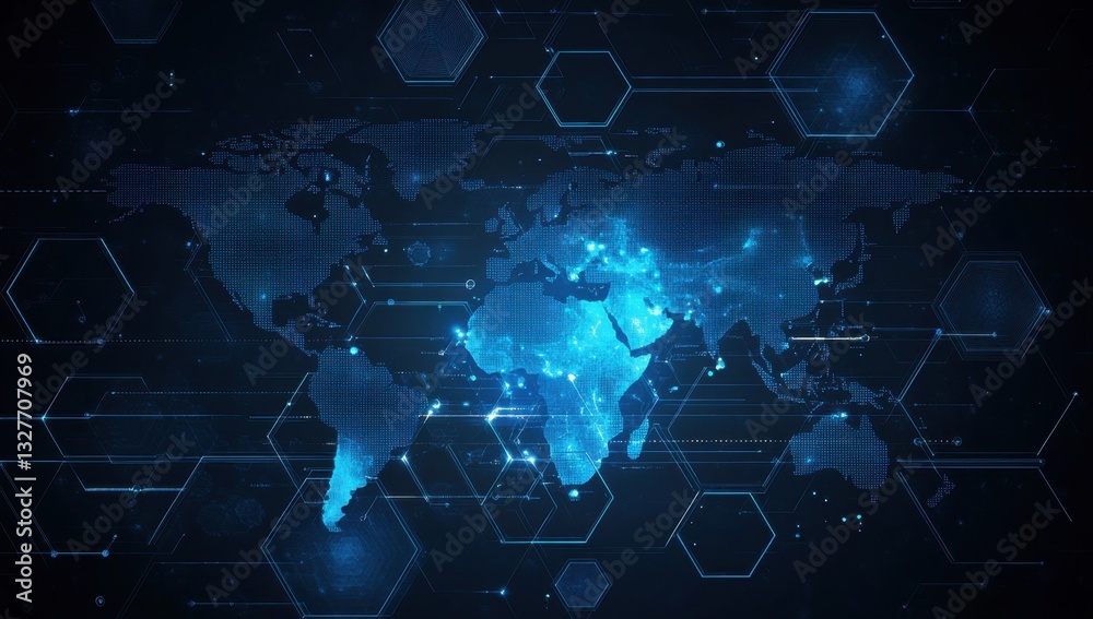 Poster Abstract digital technology background with a blue world map and hexagon pattern, symbolizing global network connection in the internet communication concept Generative AI