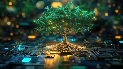 A vibrant digital tree of light, growing out of an advanced circuit board, showcasing the fusion of nature and technology, hightech art style